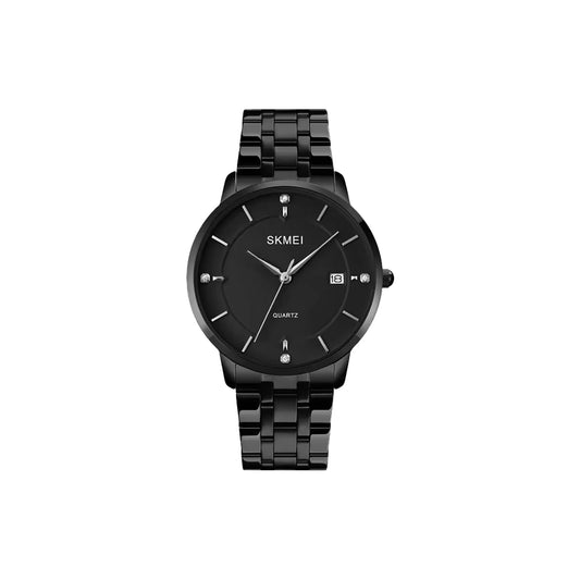 Black wristwatch with 'SKMEI' branding on a white background
