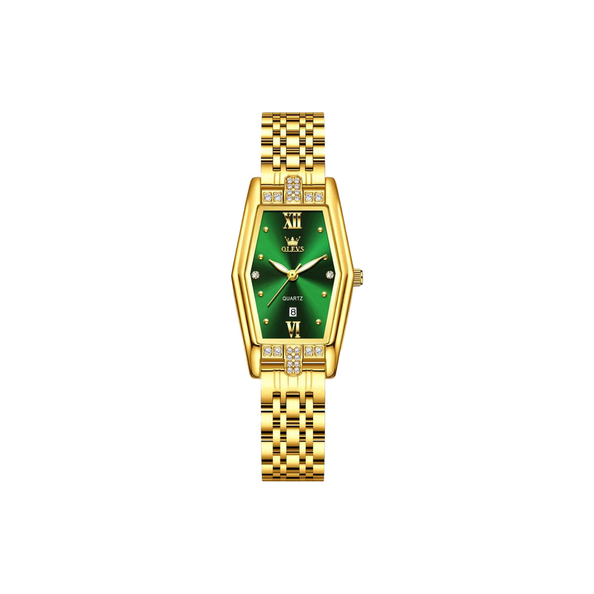 Gold watch with a green face on a white background