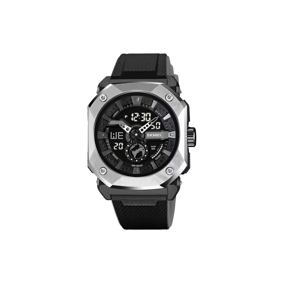 Black digital watch with silver case on a white background