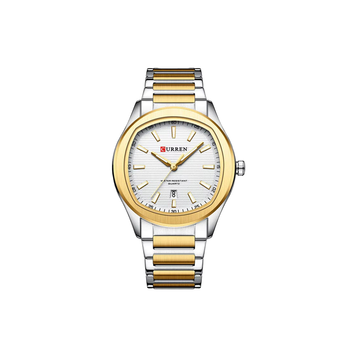 Two-tone gold and silver watch with white face on a white background