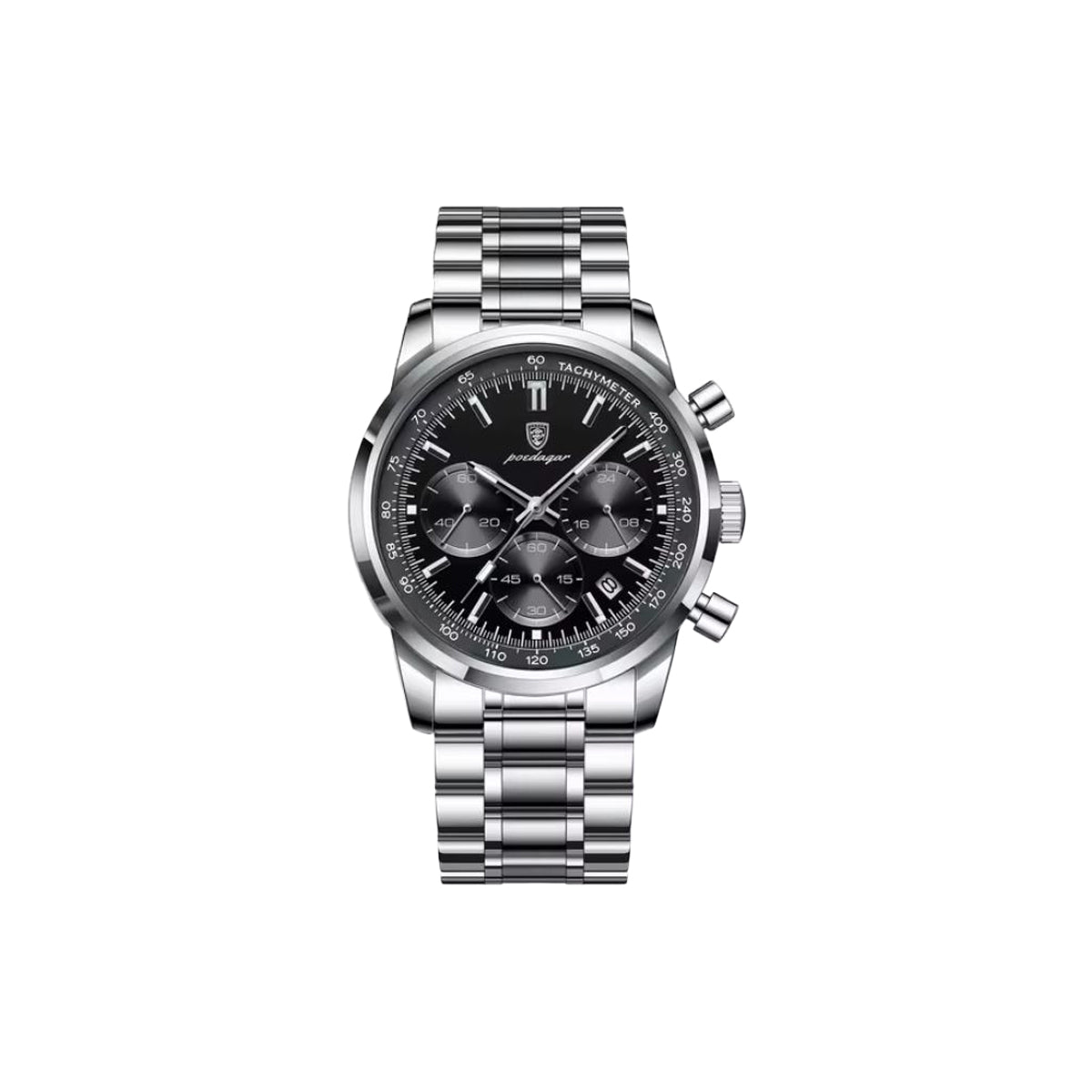 Silver watch with a black face on a white background