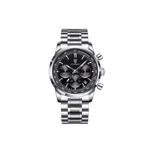 Silver watch with a black face on a white background