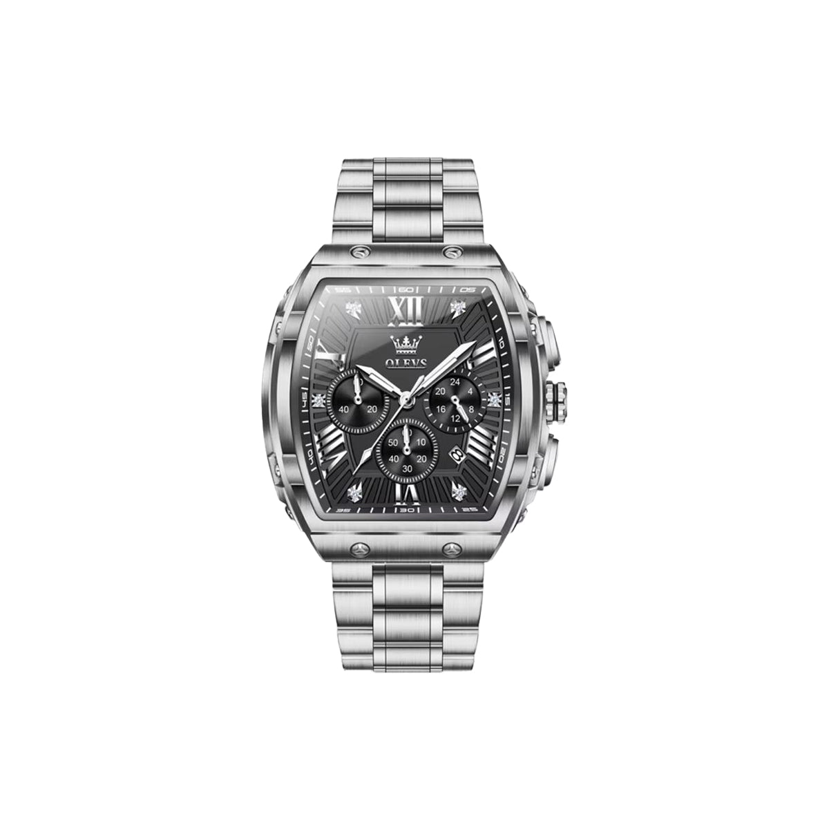 Silver watch with black face on a white background