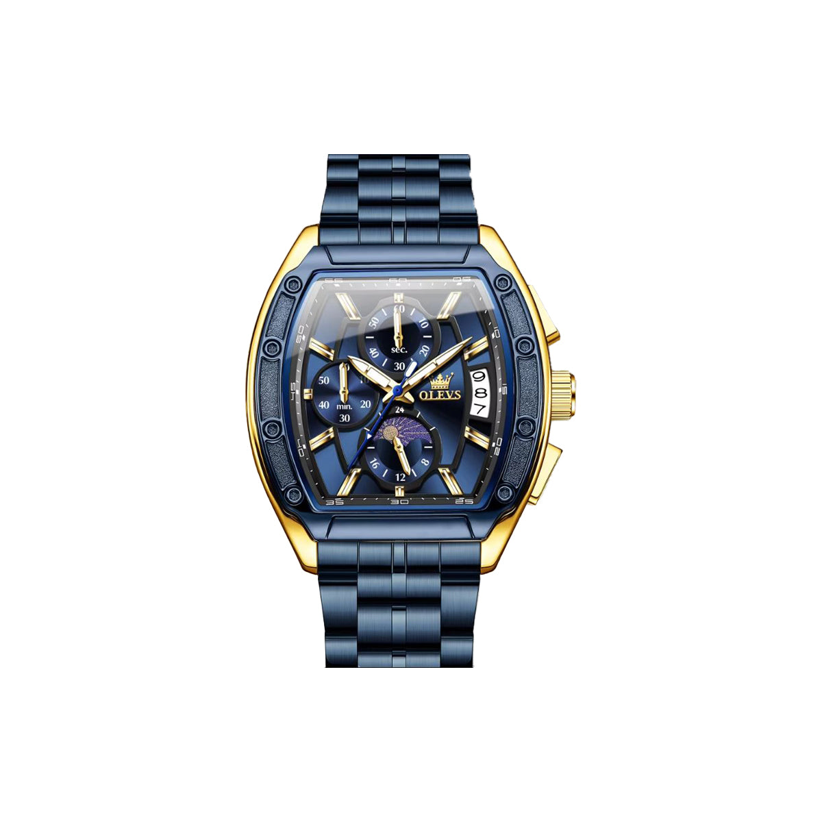Luxury watch with blue and gold design on a white background