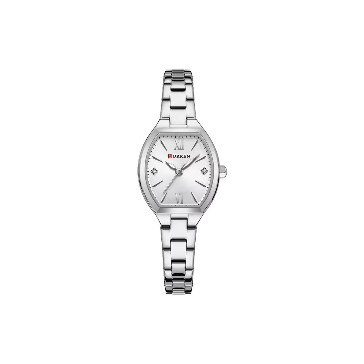 Silver wristwatch with a white face on a white background