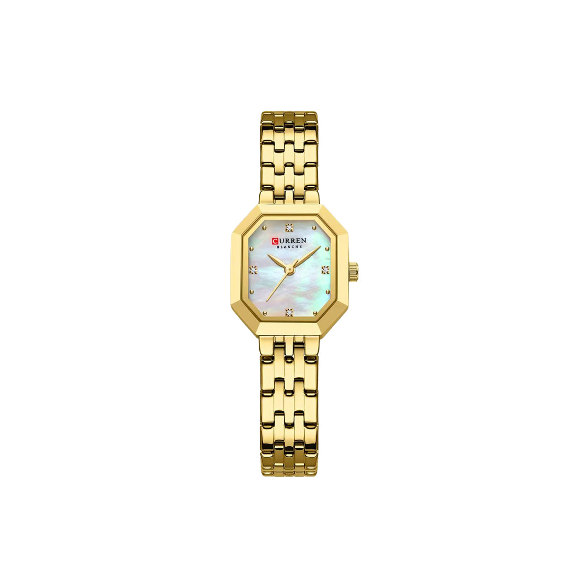Gold watch with a light-colored face on a white background