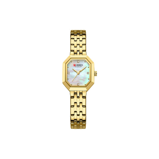 Gold watch with a light-colored face on a white background