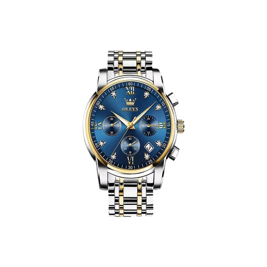OLEVS 2858 Chronograph Men's Watch Two Tone Blue Dial – Waterproof Luminous Quartz Stainless Steel Luxury Wristwatch