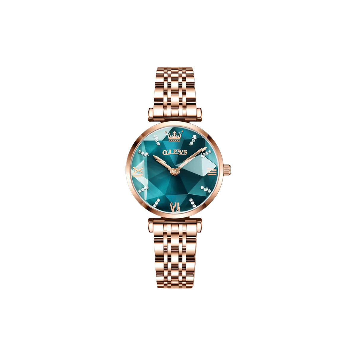 Wristwatch with rose gold strap and teal gemstone face on a white background
