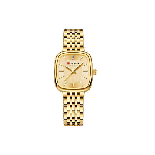 Gold watch with a square face on a white background