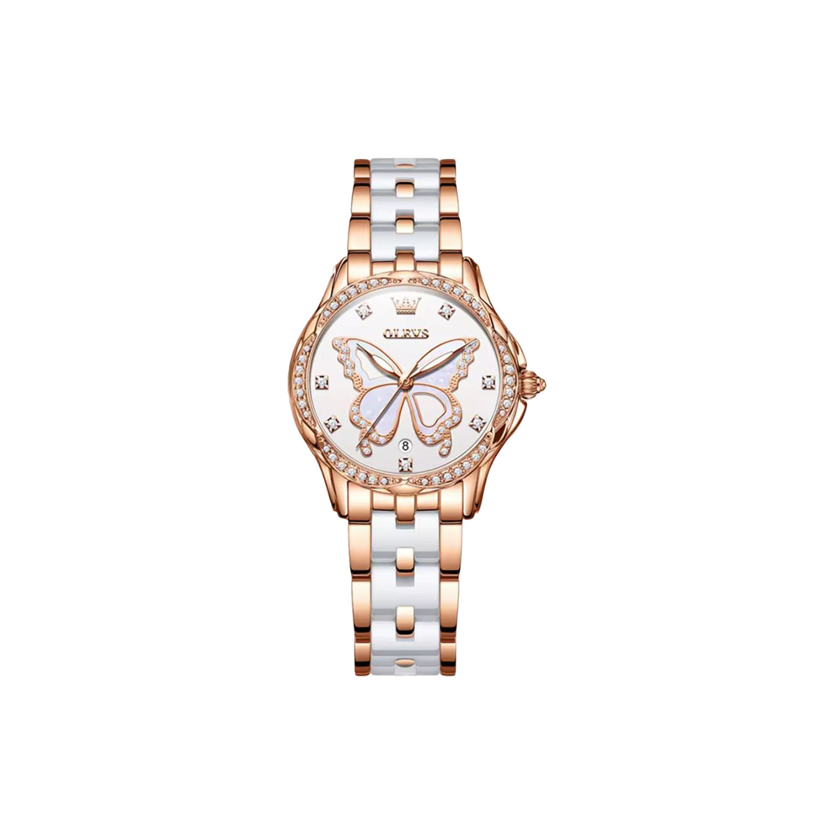 Rose gold and silver watch with butterfly design on a white background