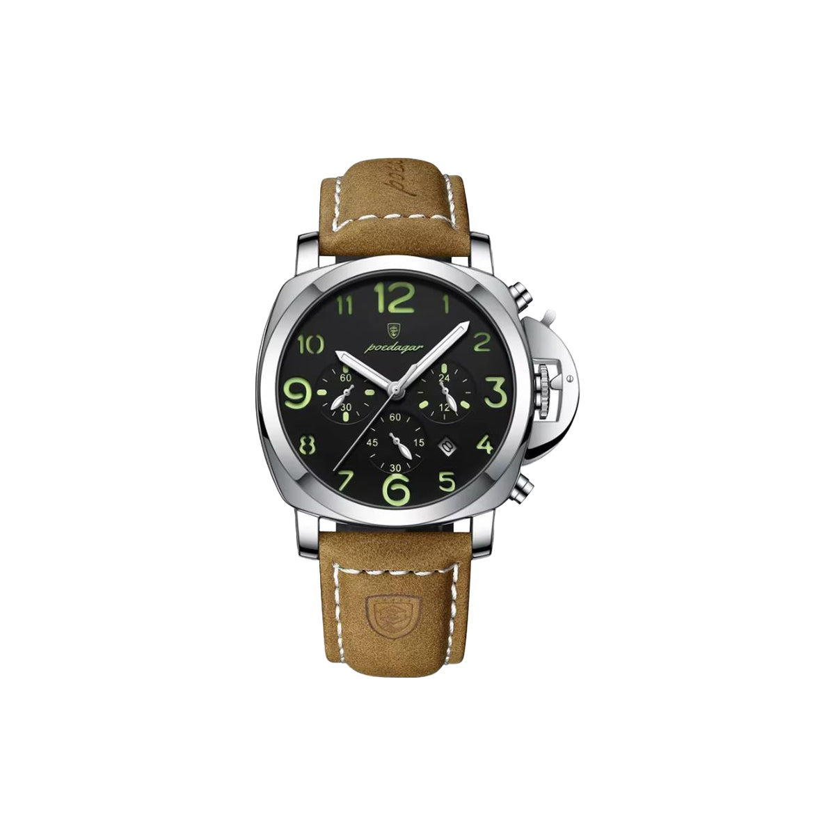 Watch with brown leather strap and green dial on a white background