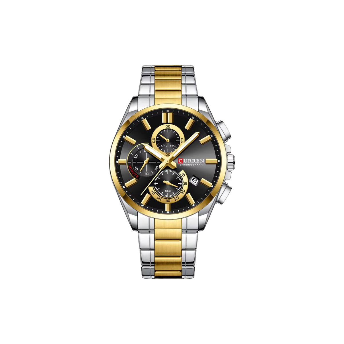 Gold and silver watch with black dial on a white background