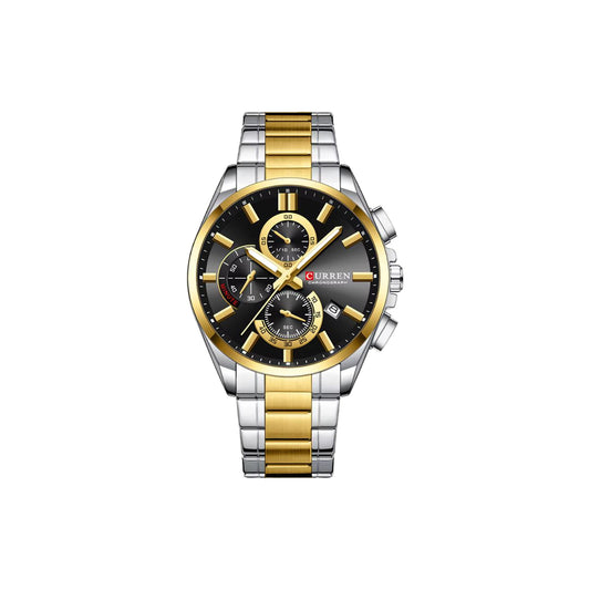 Gold and silver watch with black dial on a white background