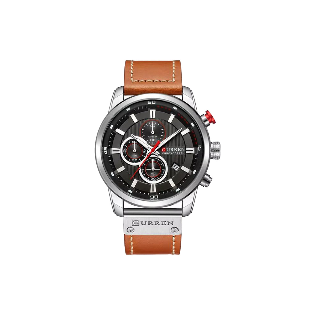 Curren watch with brown leather strap on a white background