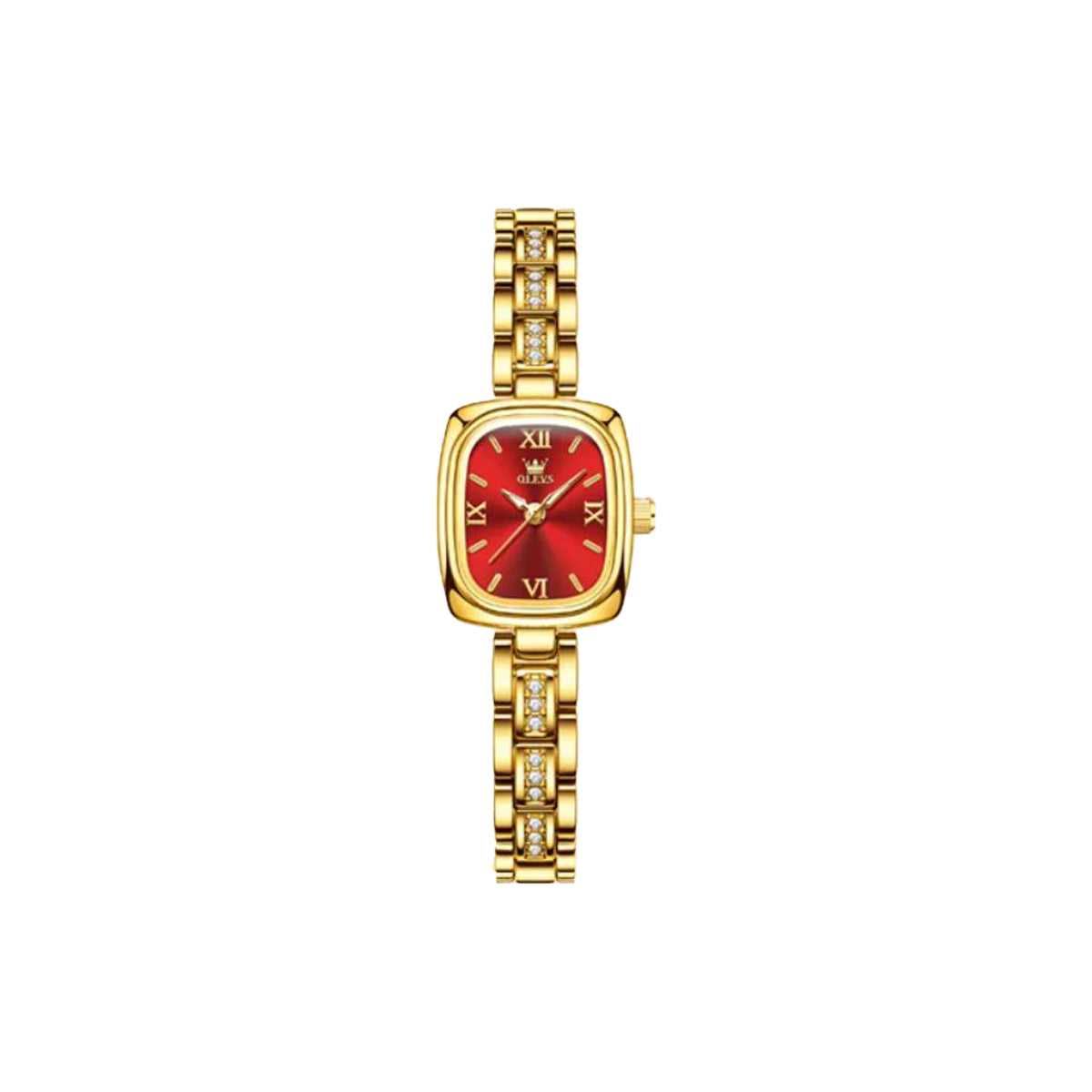 Gold watch with a red face on a white background