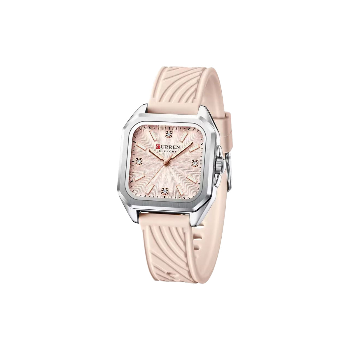 Watch with pink strap and silver case on a white background