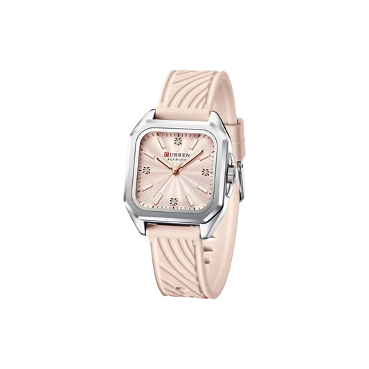 Watch with pink strap and silver case on a white background