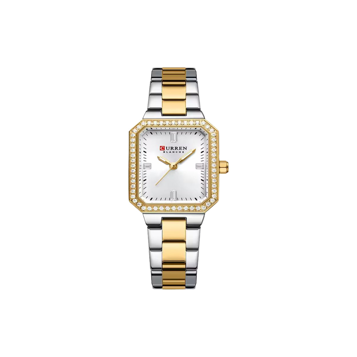 Two-tone silver and gold watch with a white face on a white background