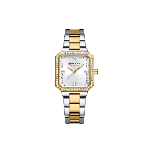 Two-tone silver and gold watch with a white face on a white background
