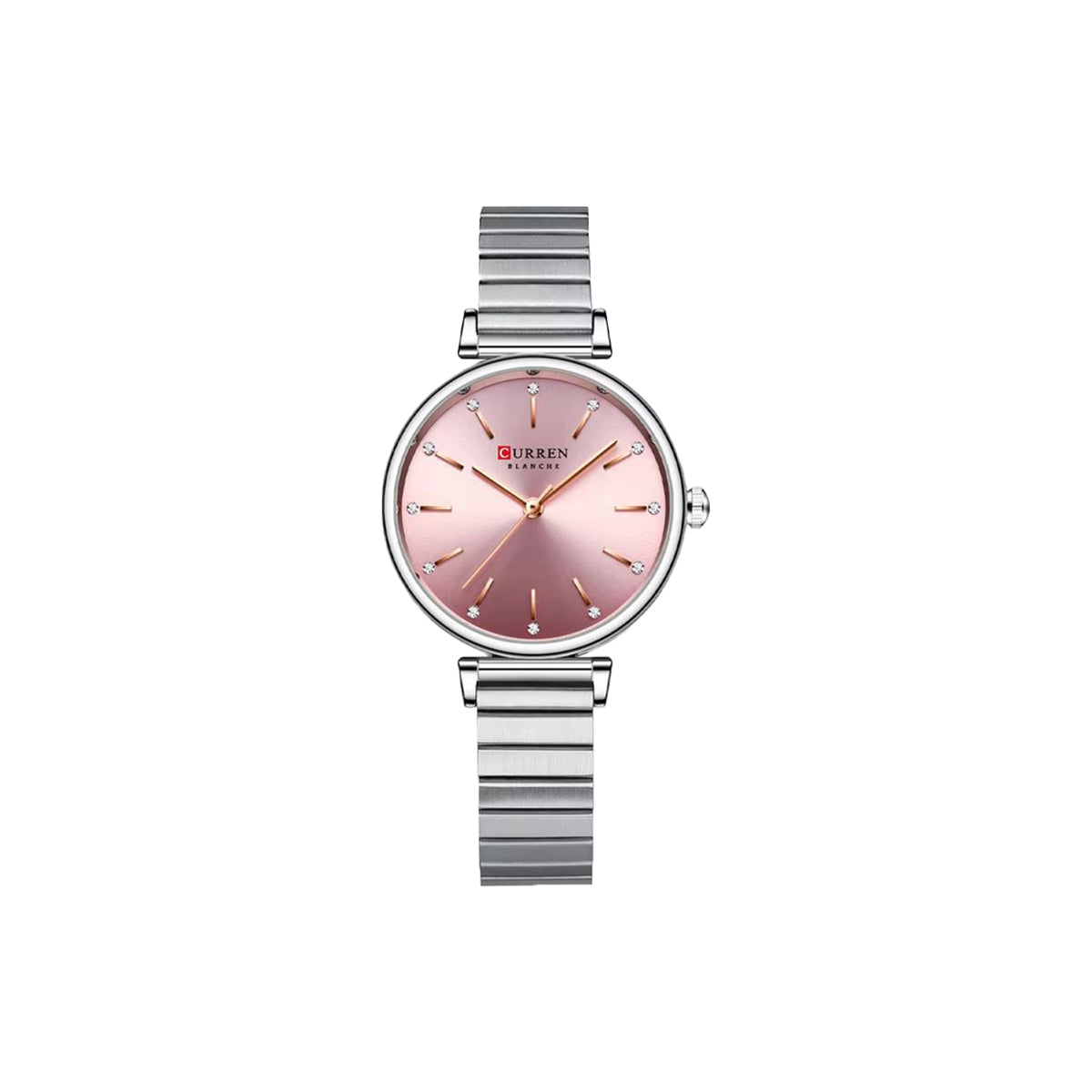 Silver watch with a pink face on a white background