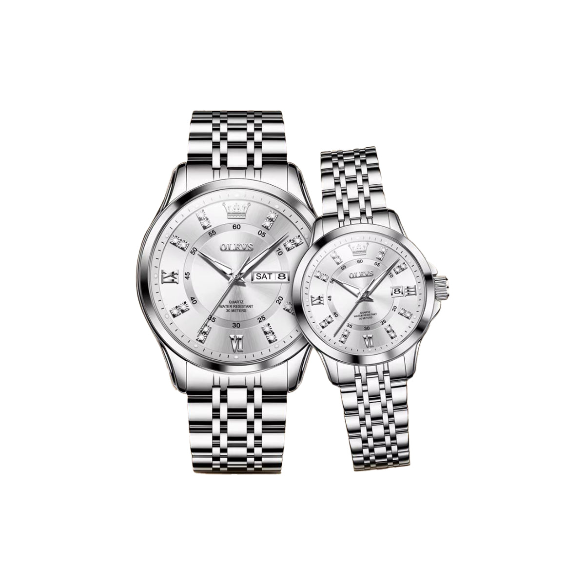 OLEVS 3620 Luxury Couple Quartz Watch Silver– Stainless Steel Matching Wristwatch Set
