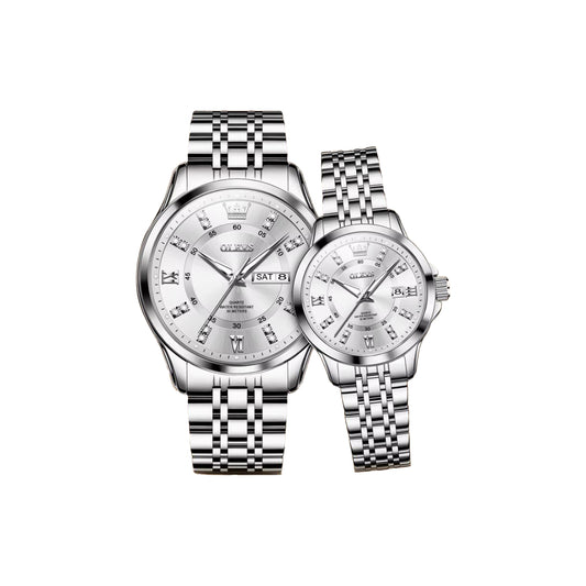 OLEVS 3620 Luxury Couple Quartz Watch Silver– Stainless Steel Matching Wristwatch Set