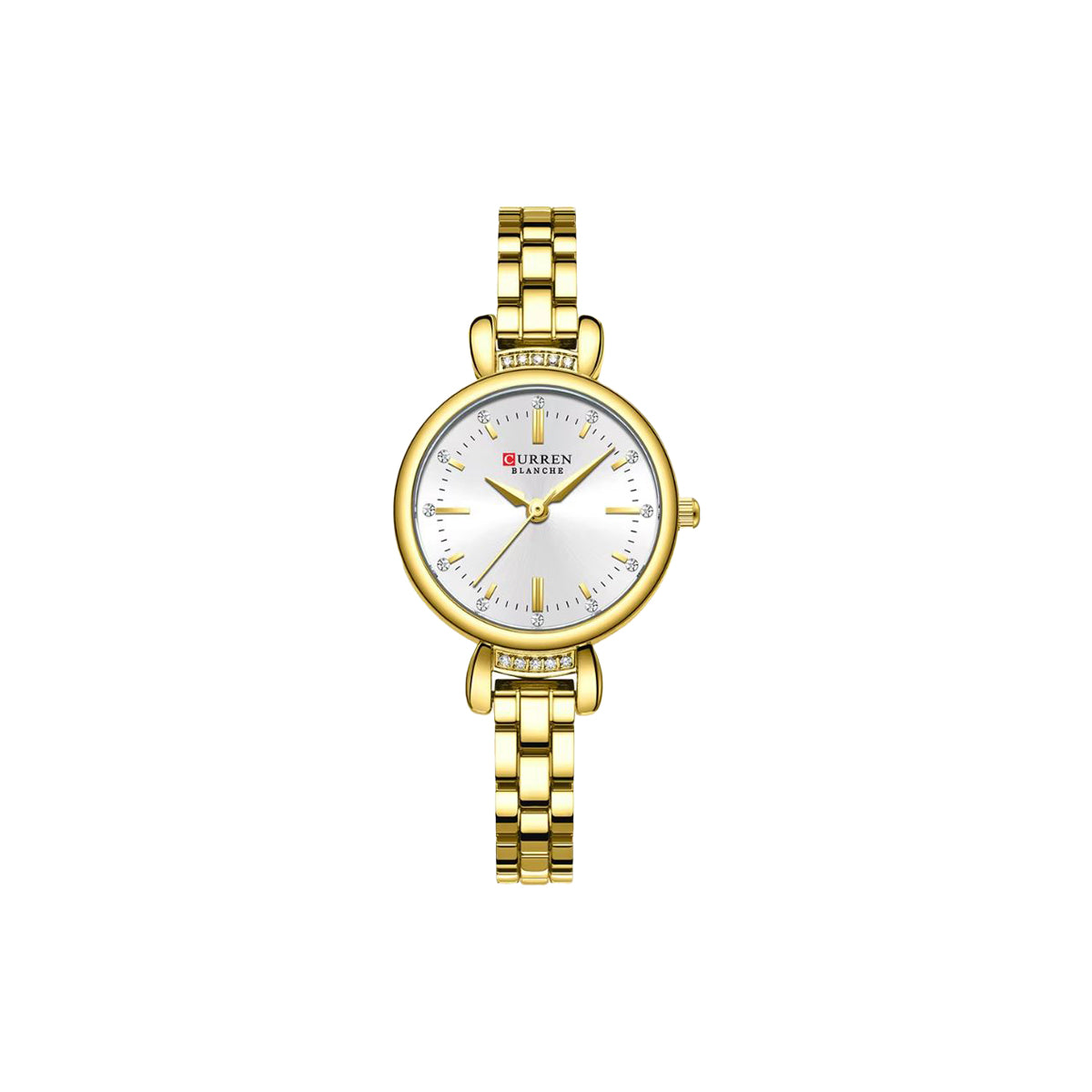 Gold wristwatch with a white face on a white background
