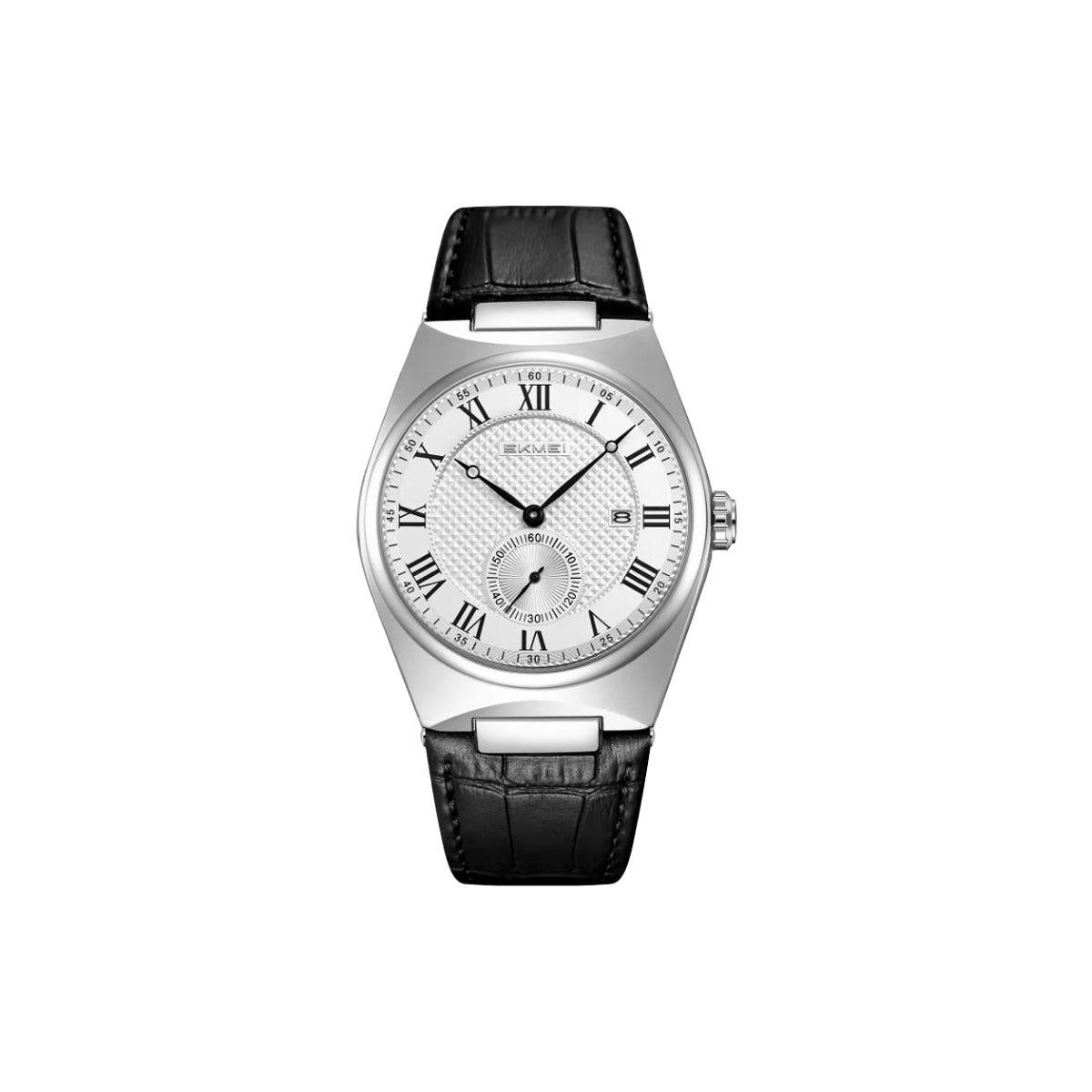 Wristwatch with black leather strap and silver case on a white background
