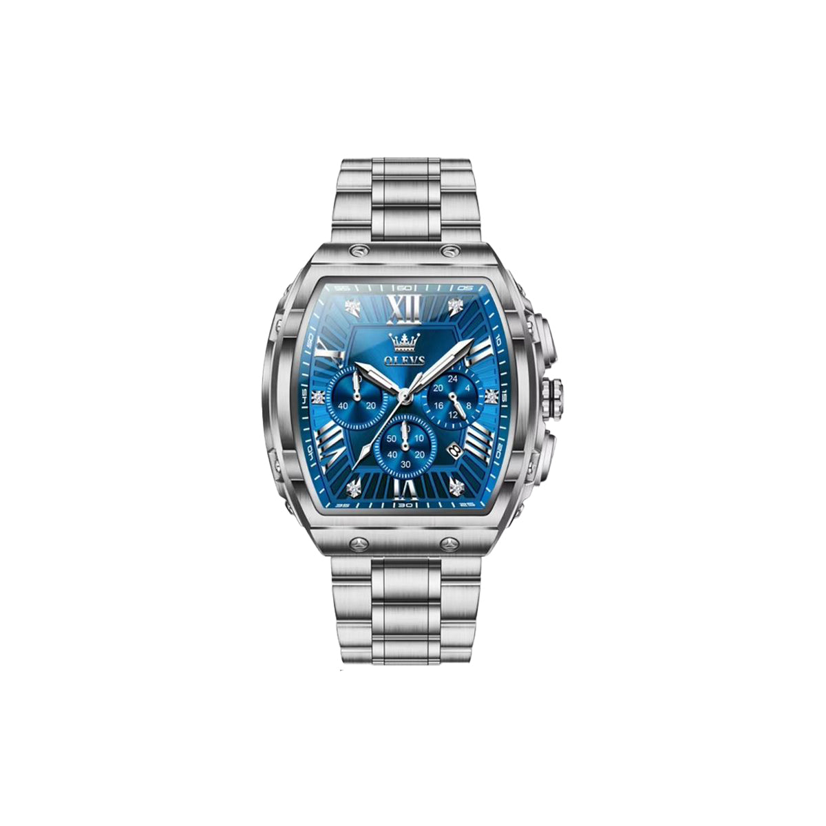 Silver watch with a blue face on a white background