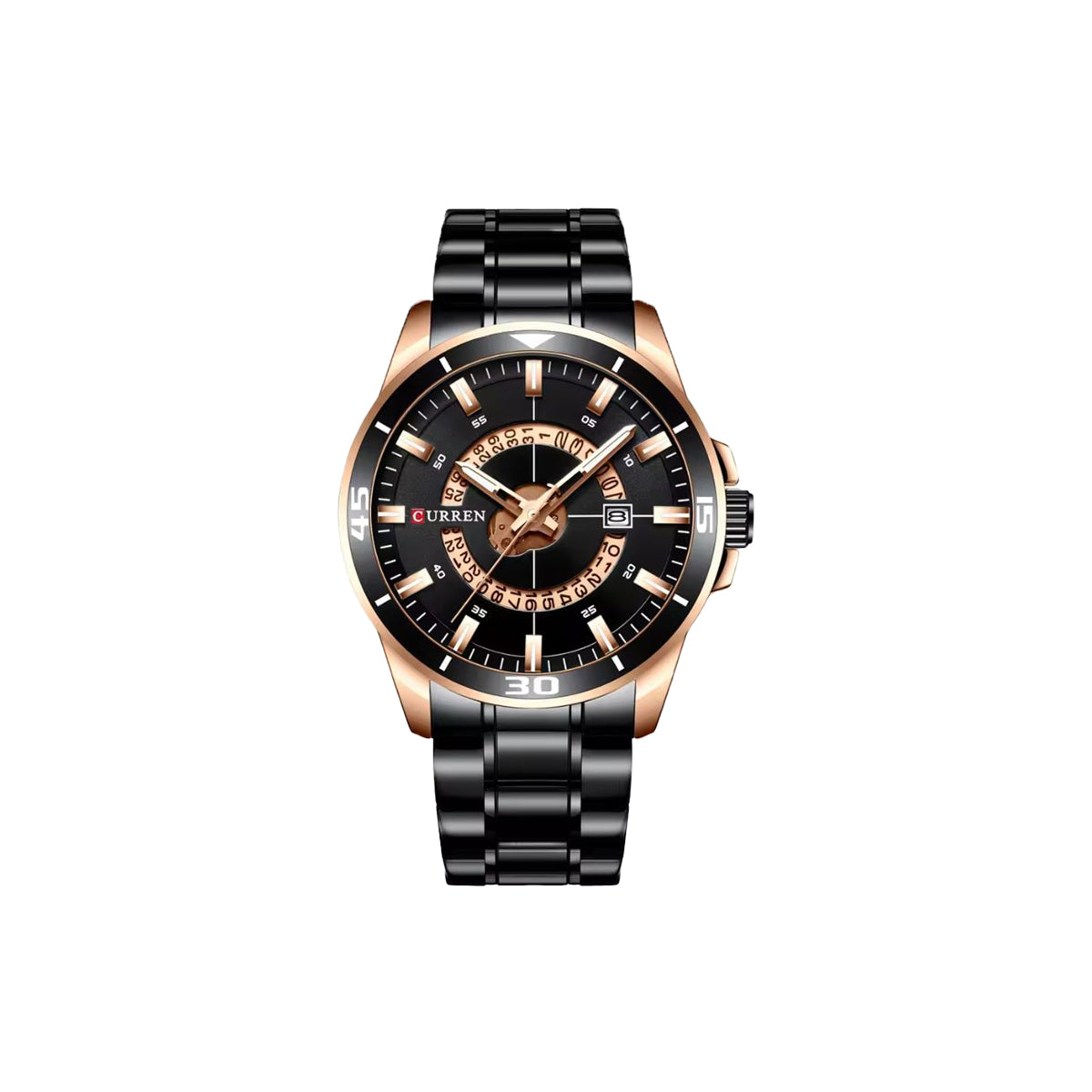 Black and rose gold watch with 'Curren' branding on a white background