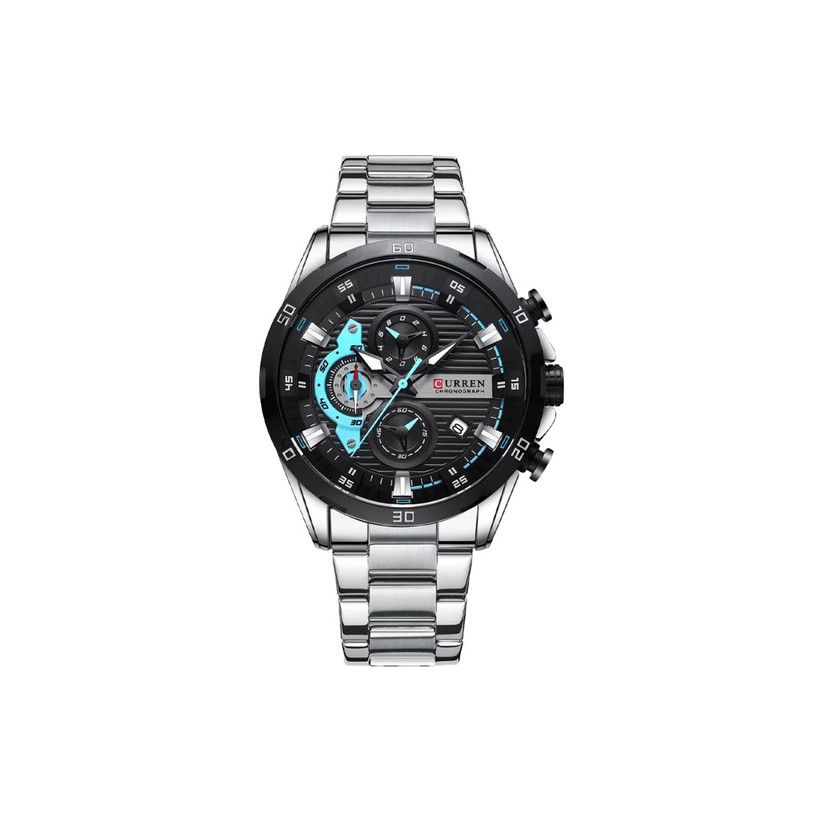 Silver wristwatch with black face and blue accents on a white background