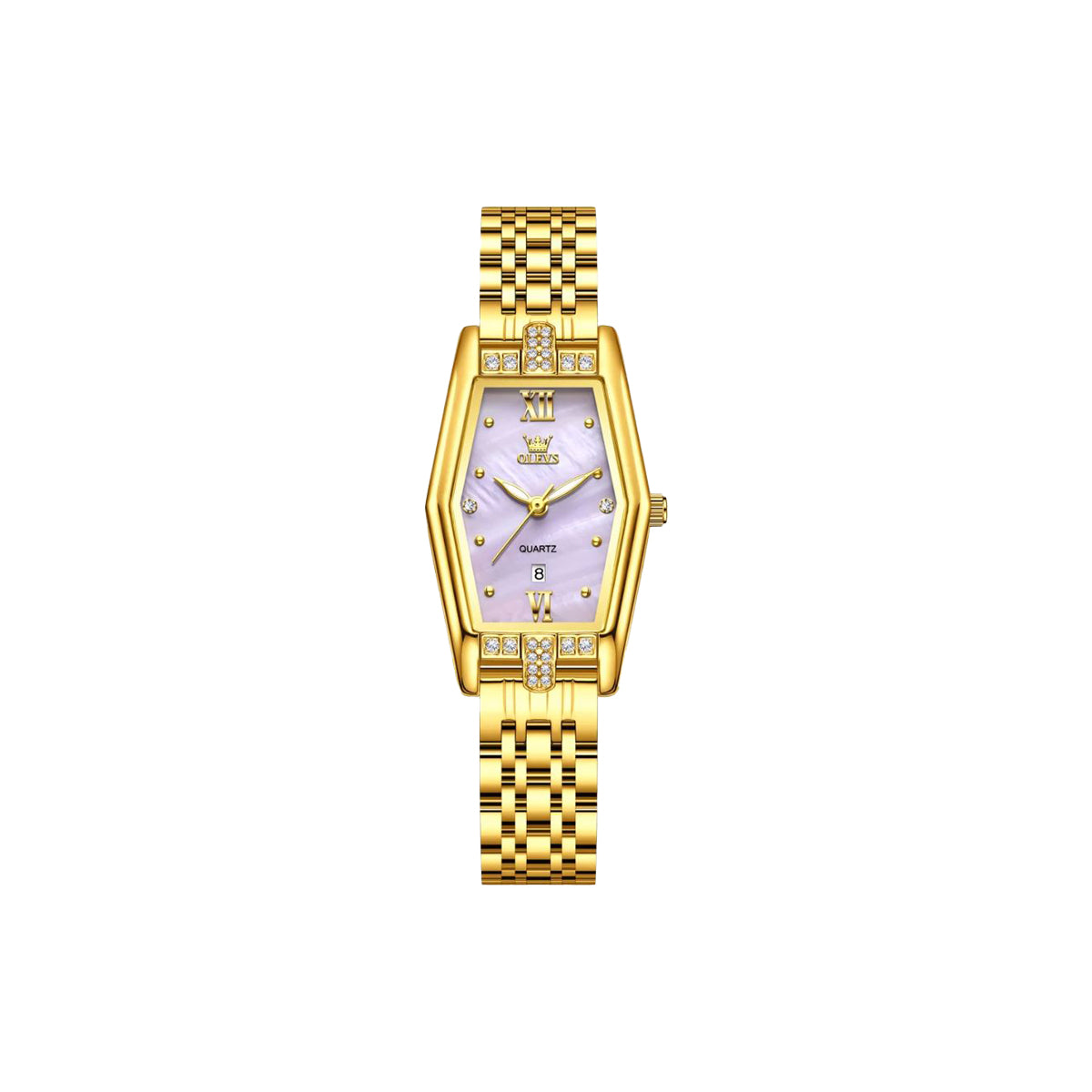 Gold wristwatch with a light-colored face on a white background