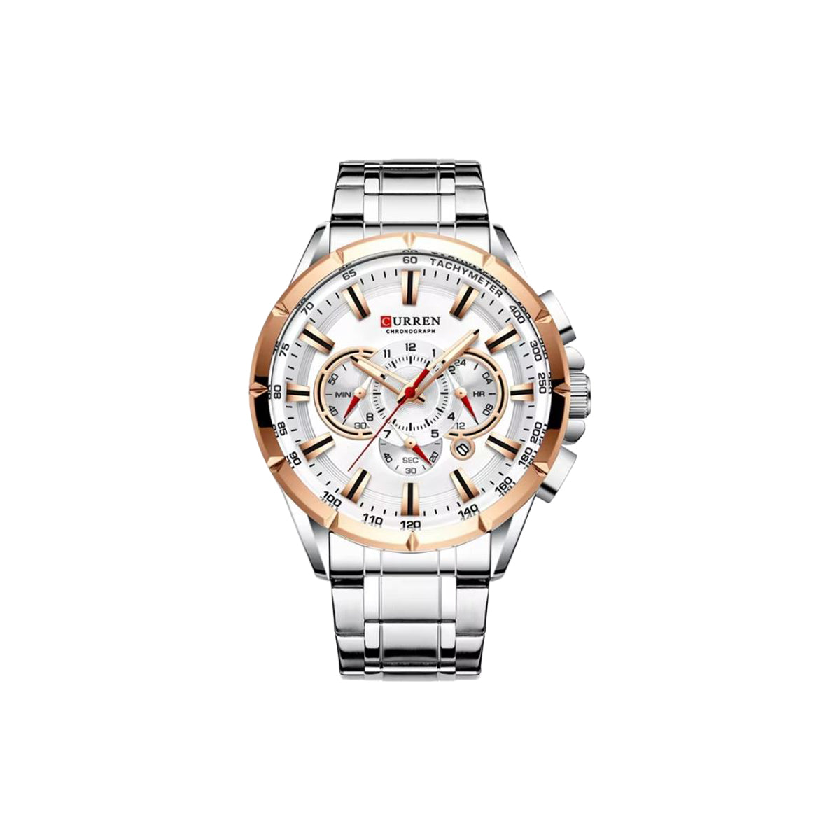 Silver and rose gold watch with white face on a white background