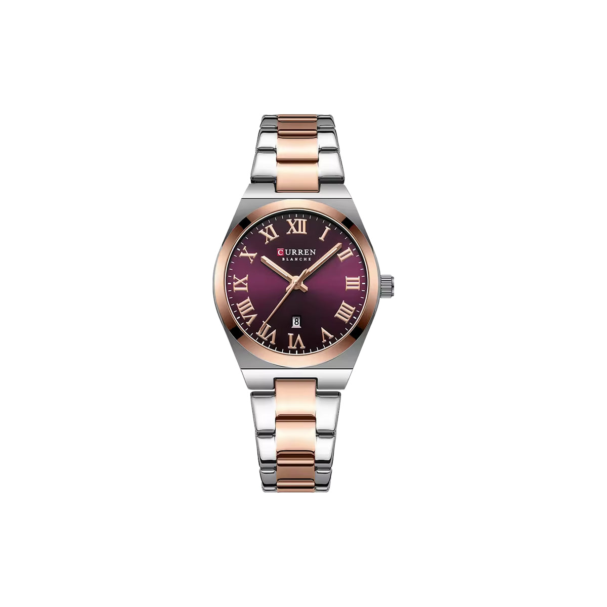 Wristwatch with a two-tone metal strap and purple dial on a white background