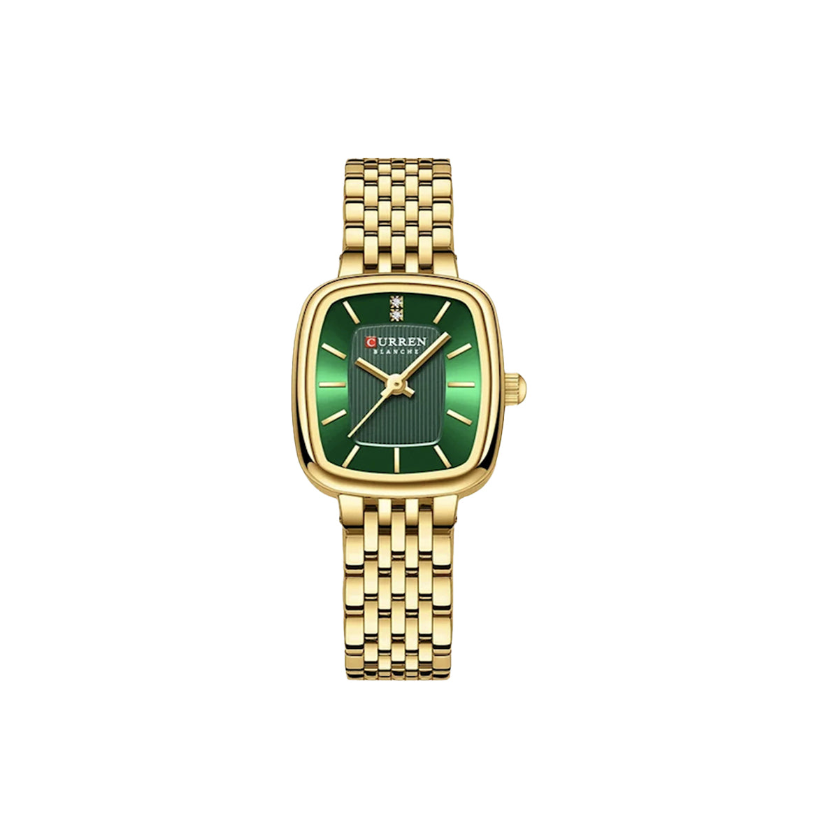 Gold watch with green face on a white background
