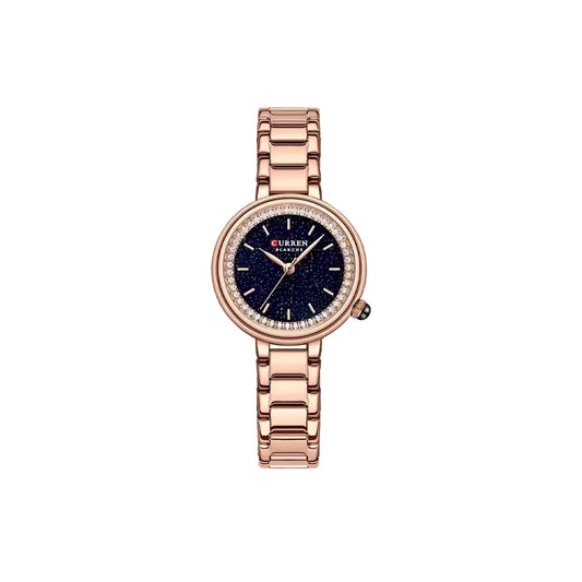 Rose gold watch with a black face on a white background