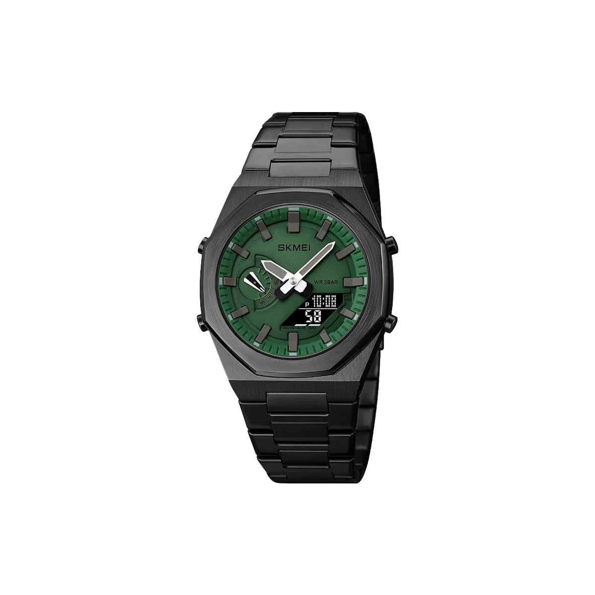 Black and green watch with digital display on a white background