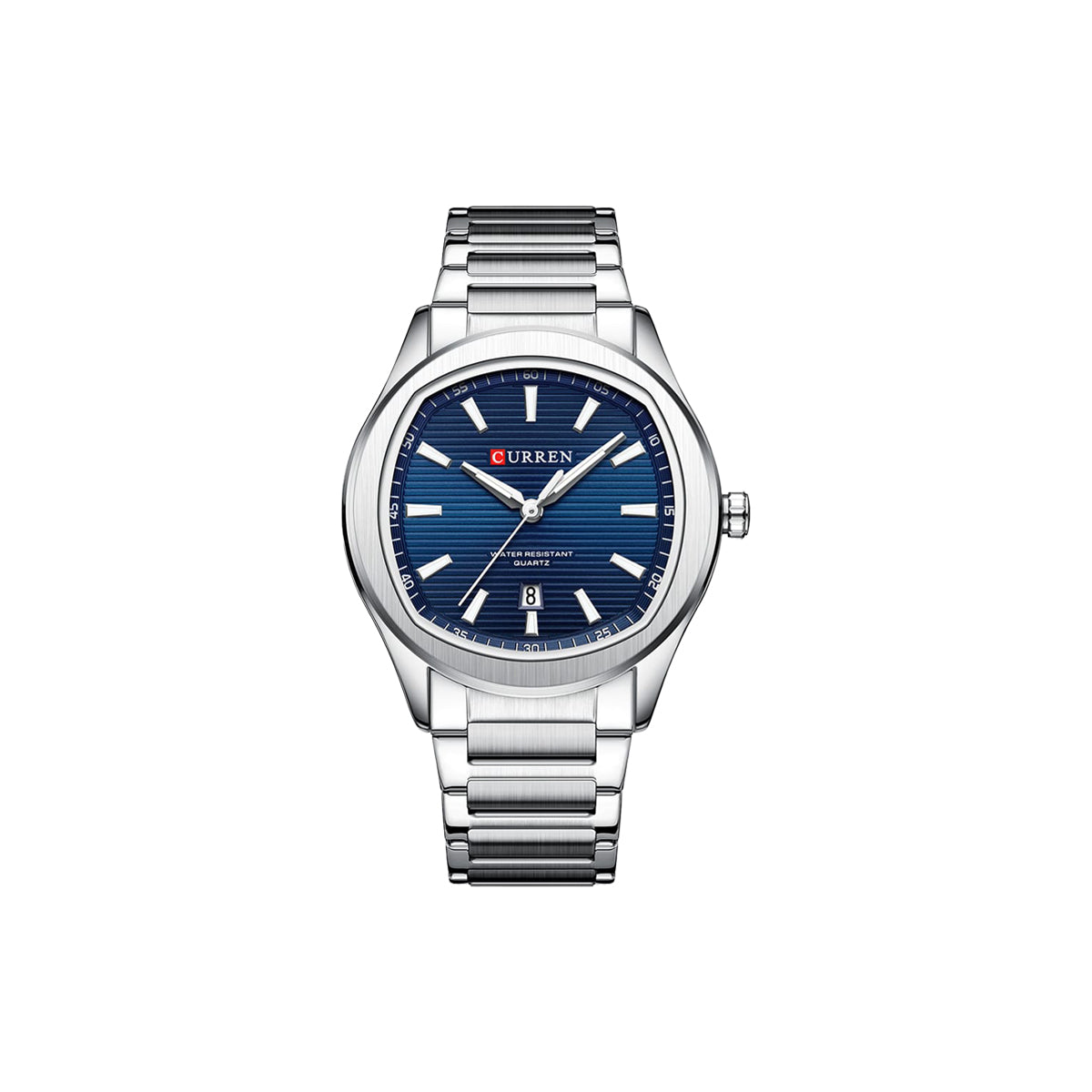 Silver watch with blue dial on a white background