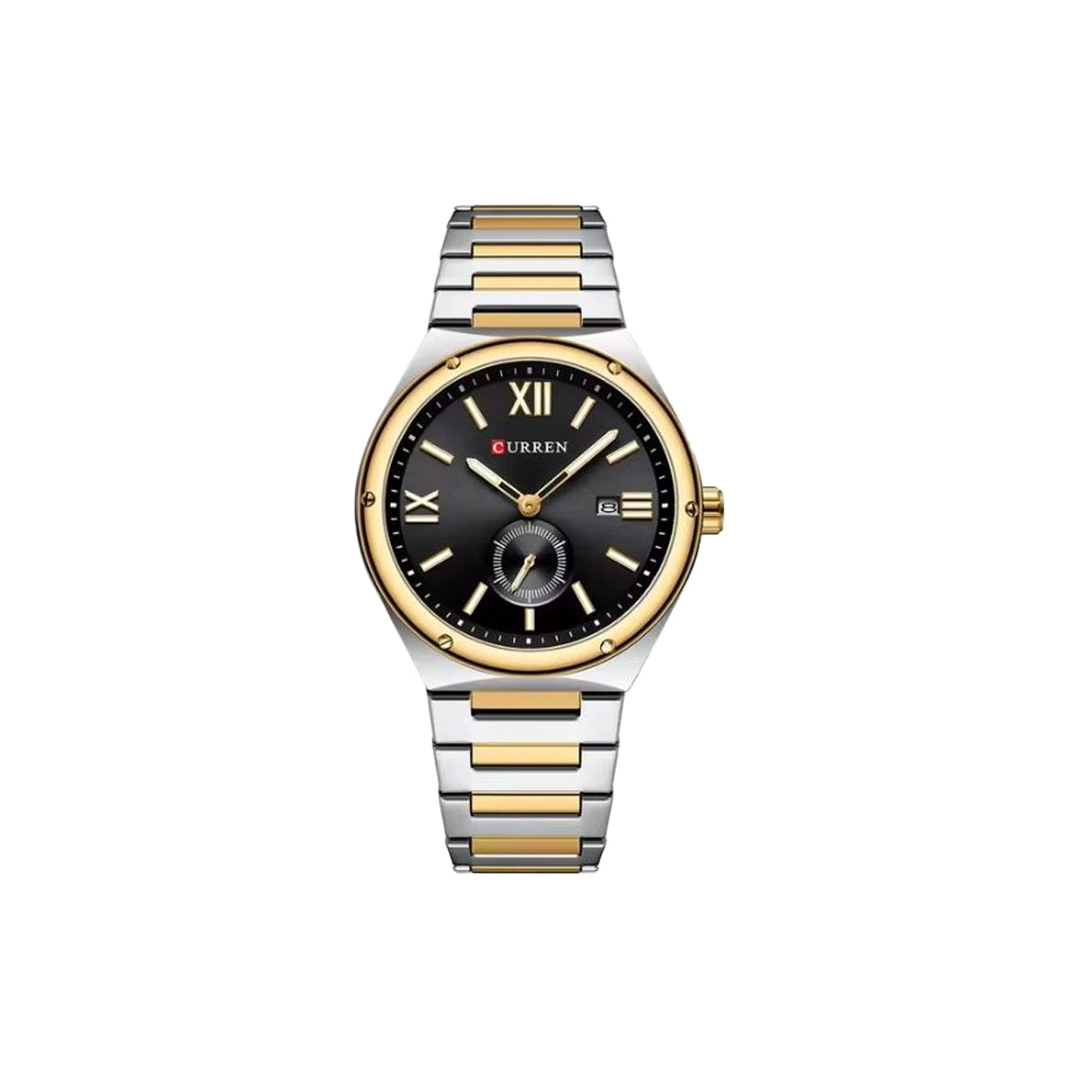 Two-tone watch with black dial on a white background