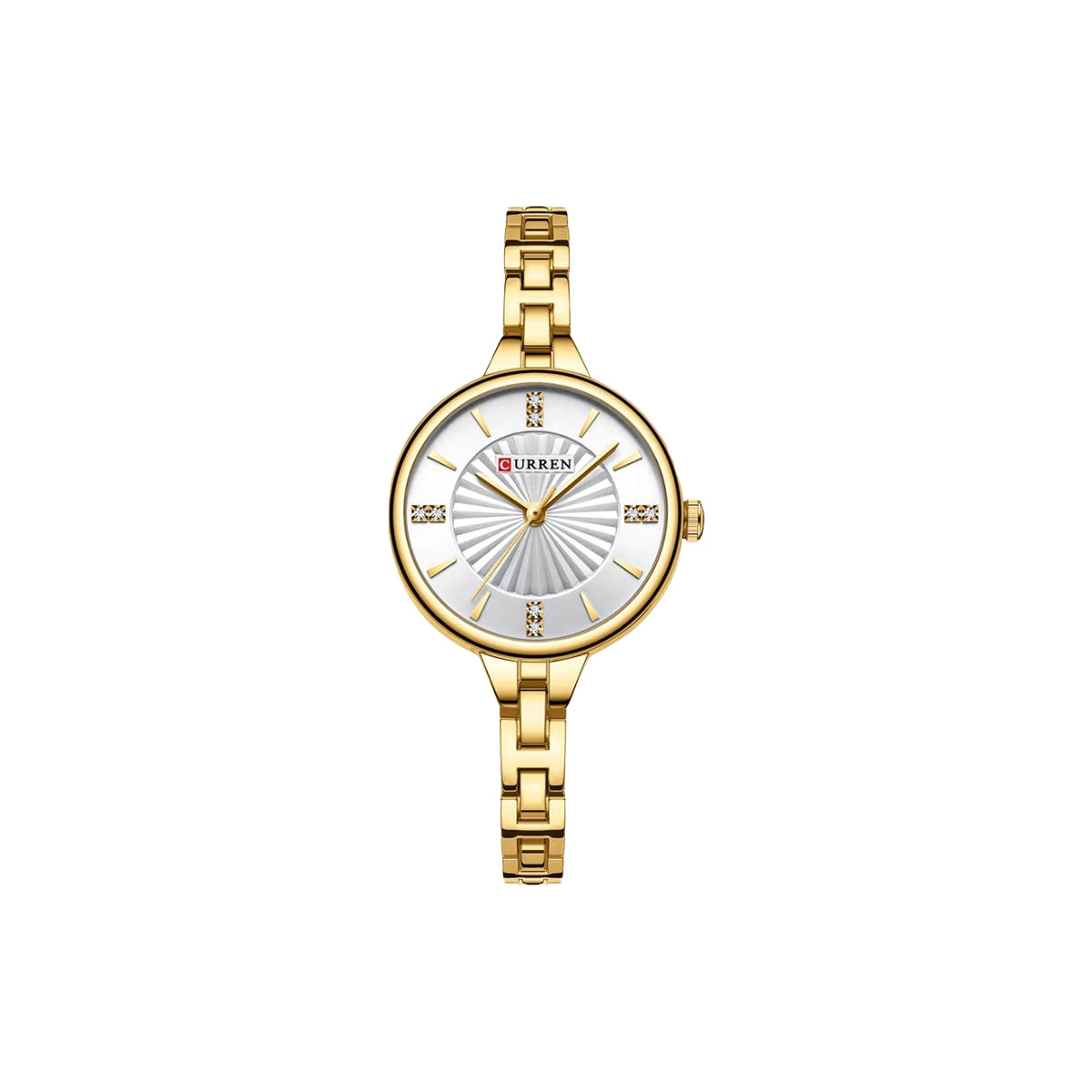 Gold wristwatch with a white face on a white background