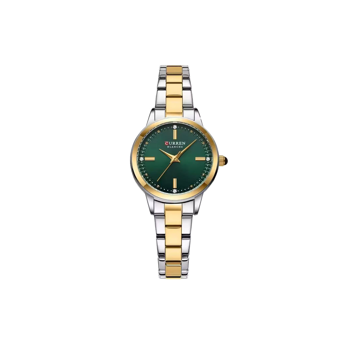 Two-tone watch with a green face on a white background
