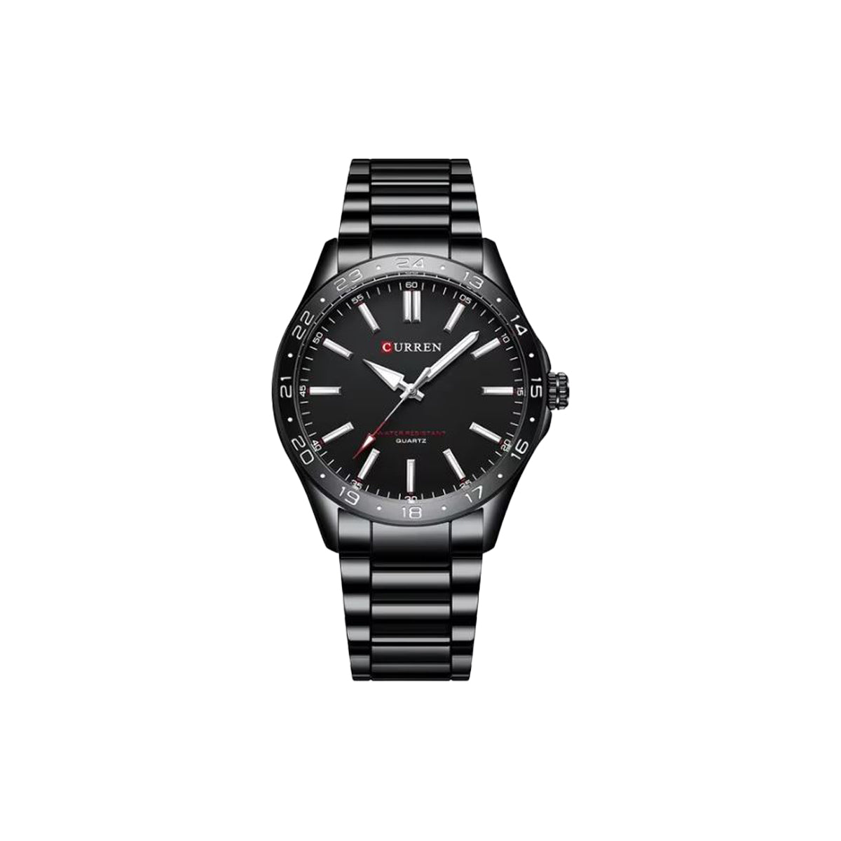Black wristwatch with metal strap on a white background