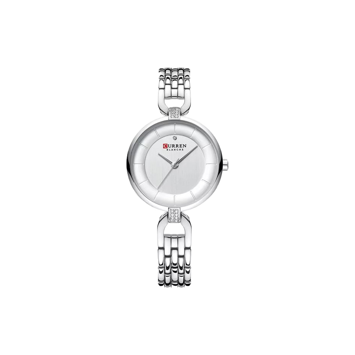 Silver wristwatch with a chain strap on a white background
