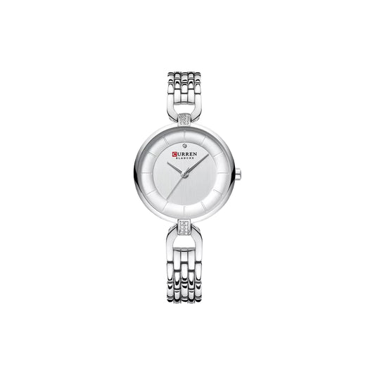 Silver wristwatch with a chain strap on a white background