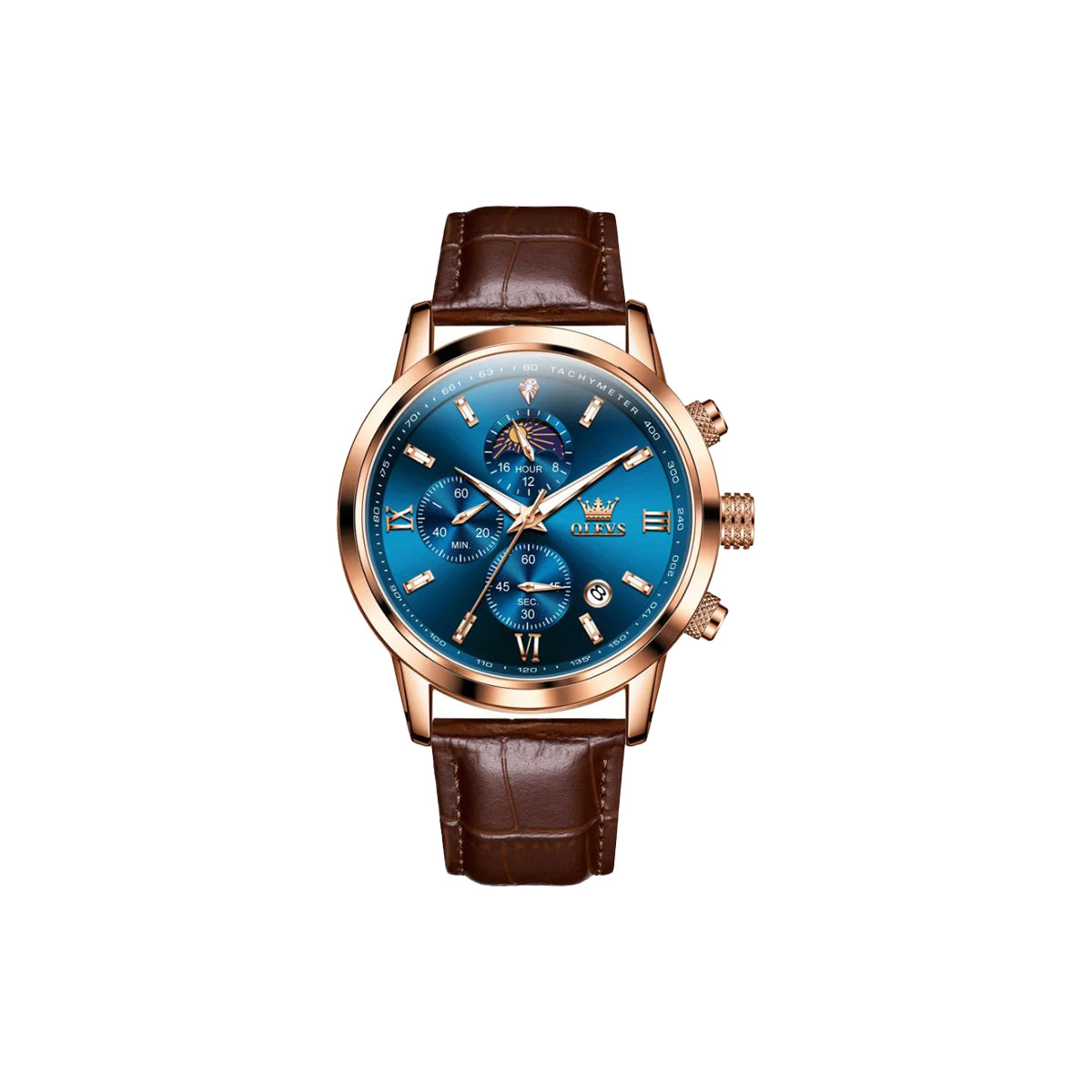 Luxury watch with blue face and brown leather strap on a white background