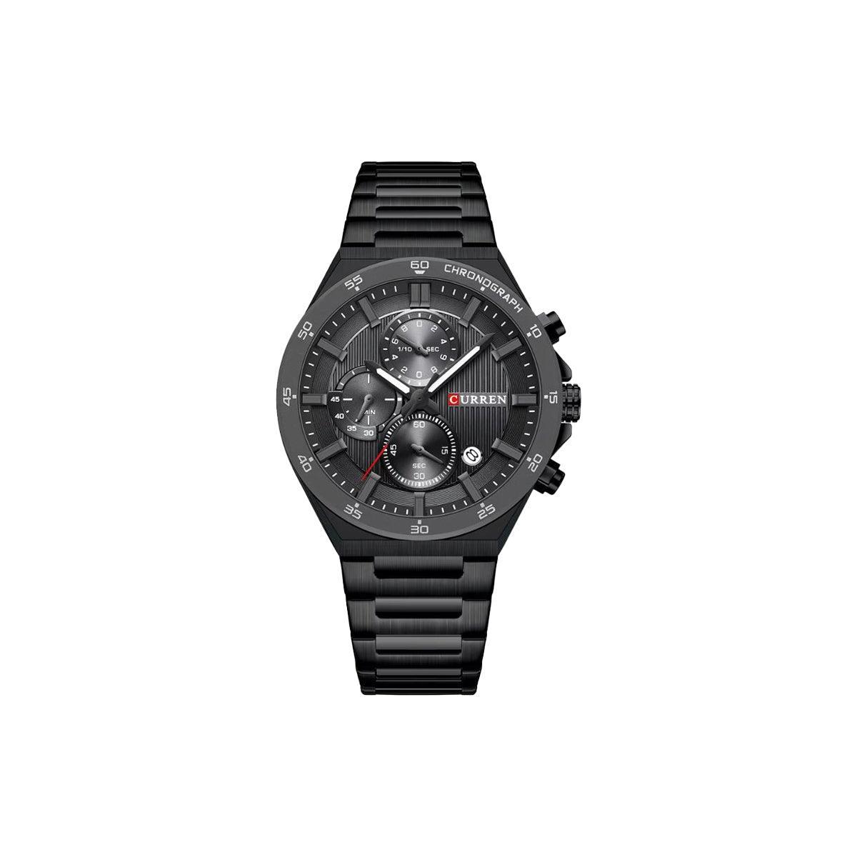 Black wristwatch with detailed face on a white background