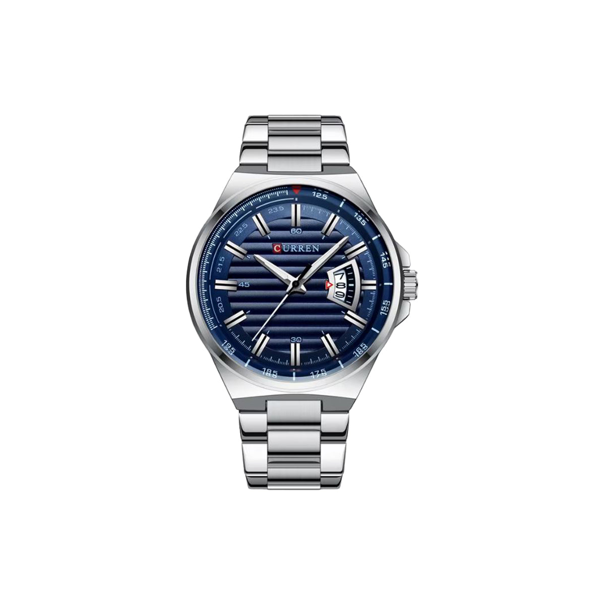 Silver watch with blue dial on a white background