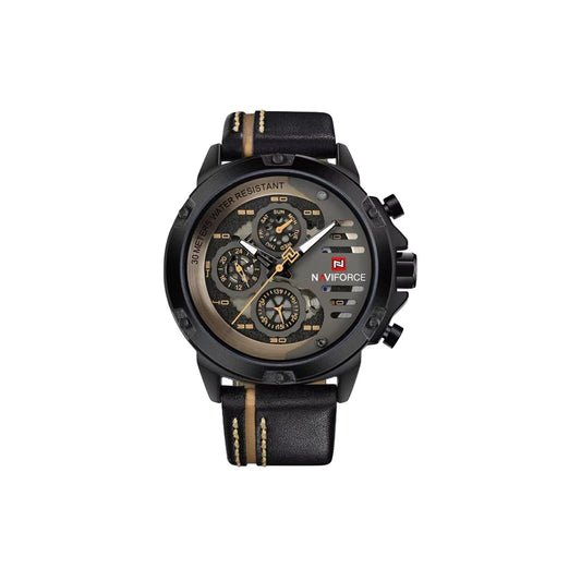 Black wristwatch with detailed face on a white background