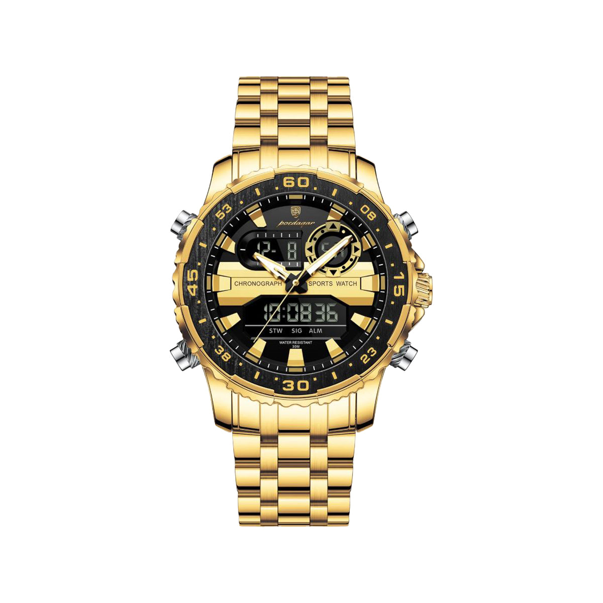 POEDAGAR 122 Luxury Dual Time LED Watch Gold Black – Waterproof Digital Stainless Steel Men’s Wristwatch